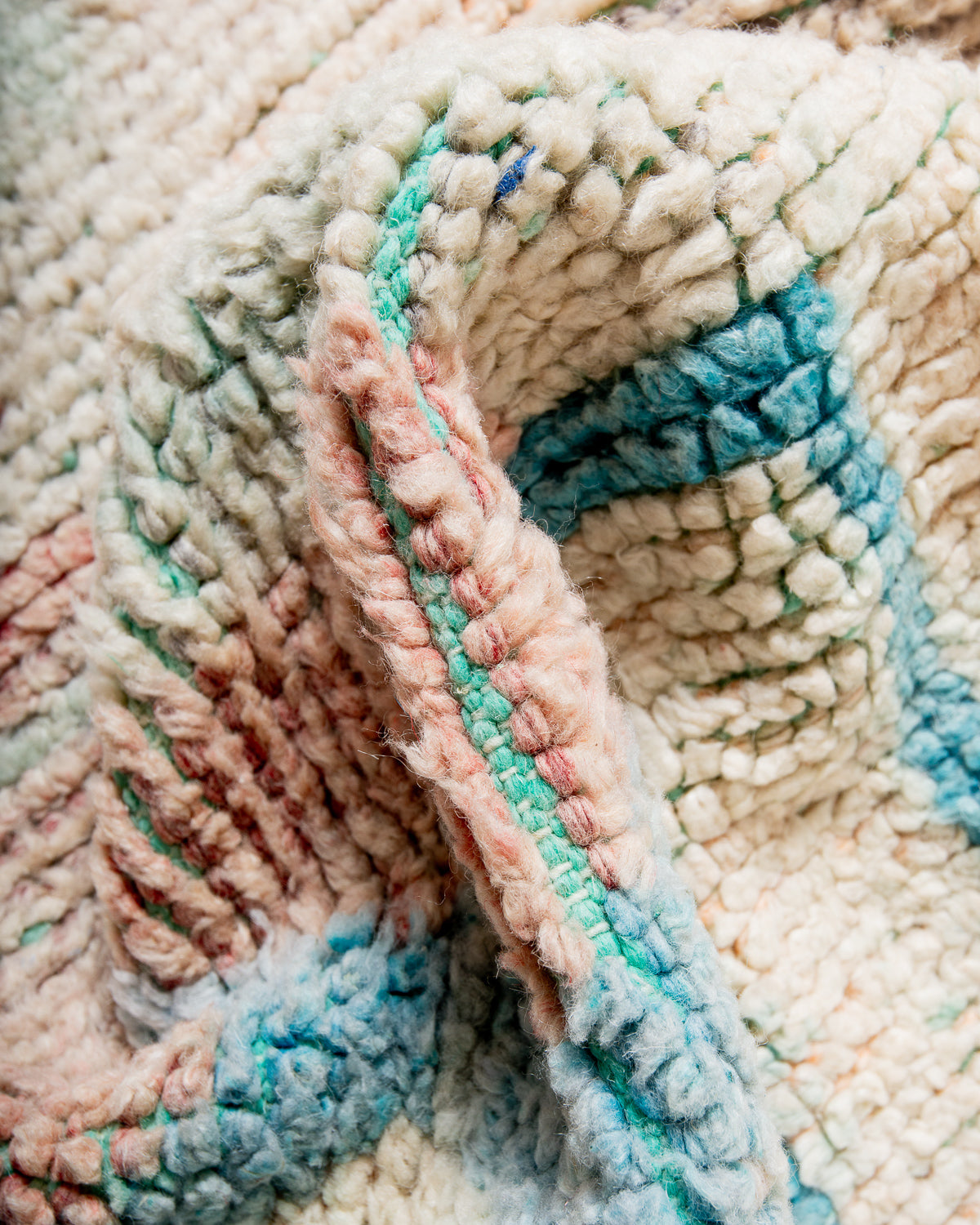 Modern, designer, handcrafted Berber runner rug from Morocco. Vintage carpet with beautiful colours and patterns and fluffy texture.